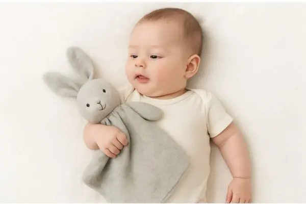 Baby cuddling a bunny lovey while sleeping safely